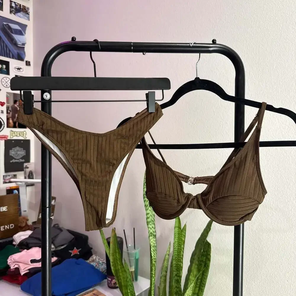 Unbranded Ribbed Brown Bikini Set Underwire Top Small